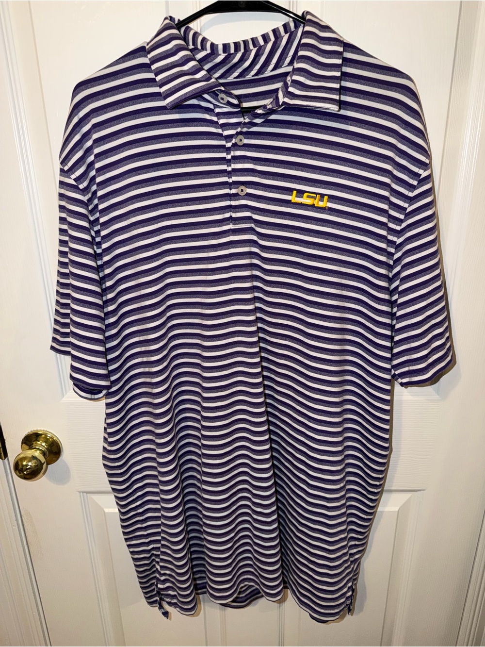 Southern Tide Purple & White Striped LSU Polo